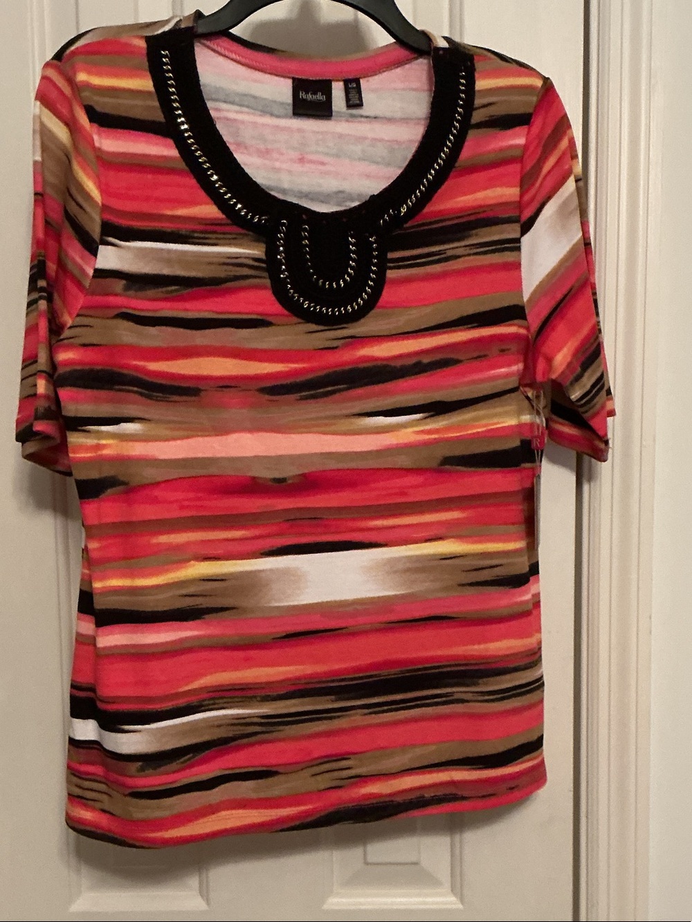 Rafaella Coral Multi-Striped Short-Sleeve Top with Black Trim